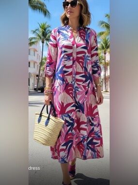 ShopEvelynne Pink Purple Blue Leaf-Print Maxi Dress